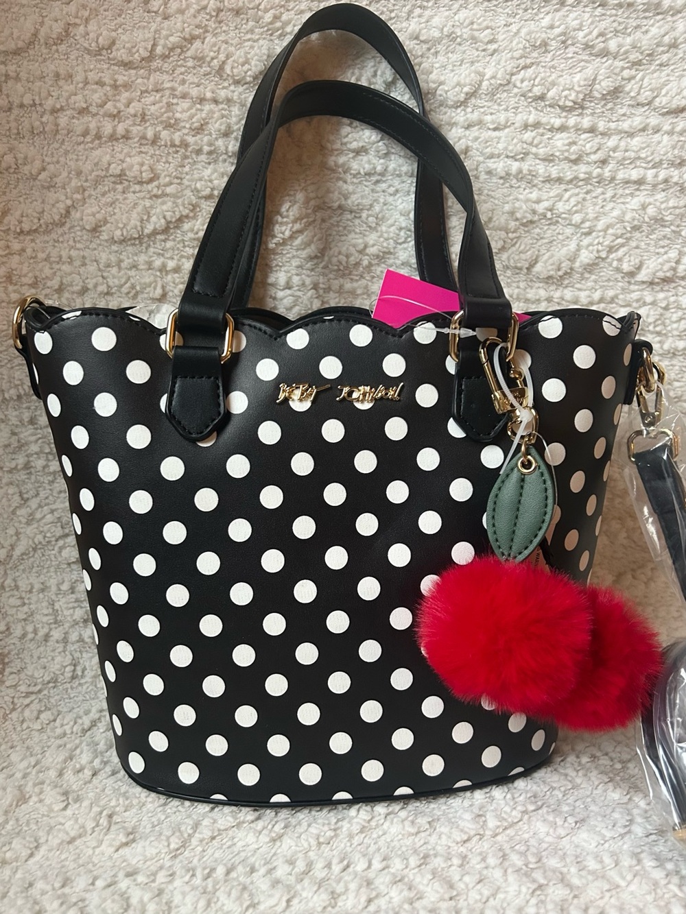 Betsey Johnson Black & White Polka Dot Purse Scalloped Edge w Fuzzy Cherry Charm